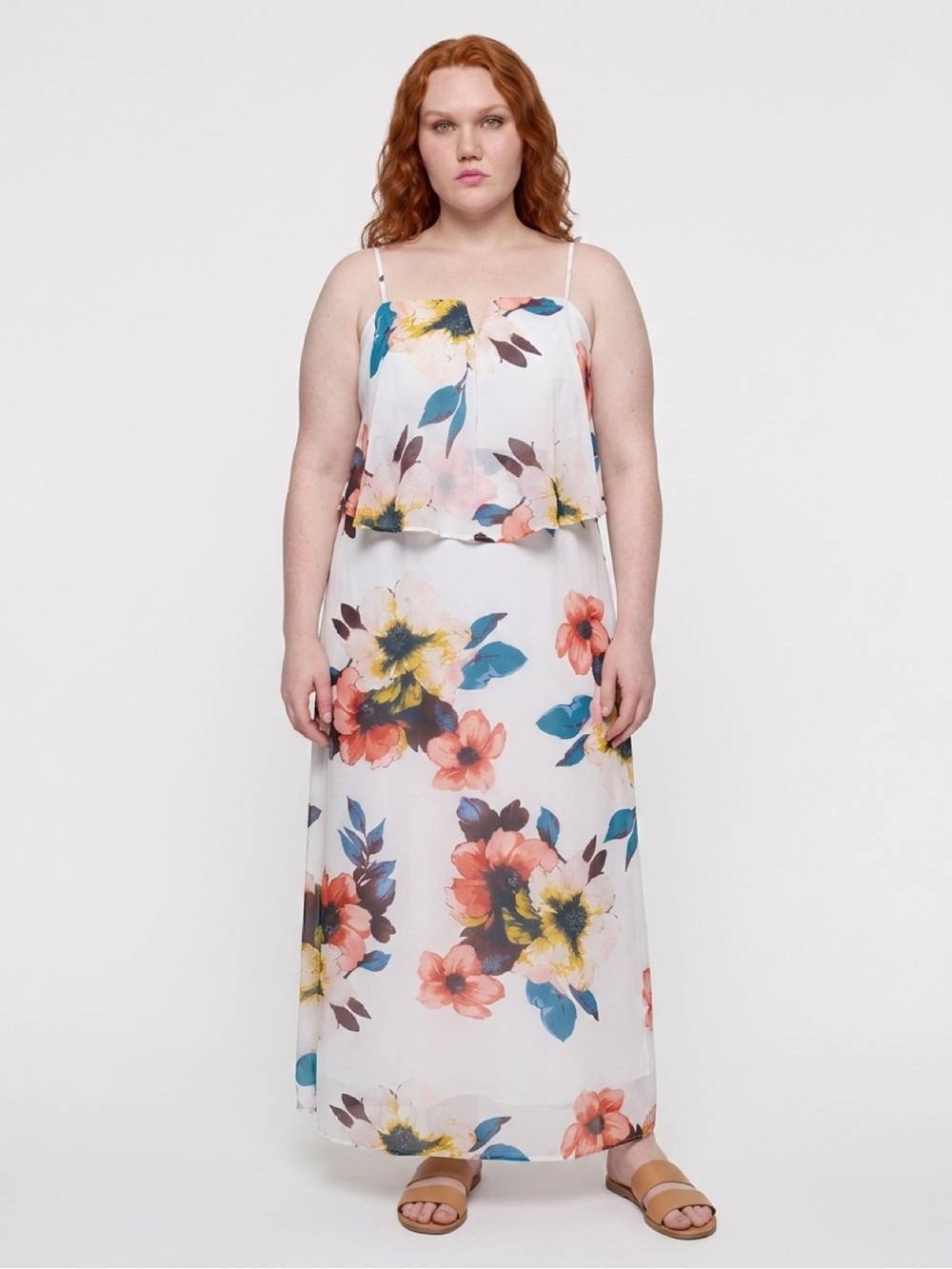 City Triangles White Colorful Floral Maxi Dress Size XL
